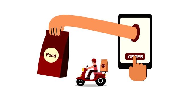 Animation footage of  Online food ordering. Illustration of a hand, smartphone, food wrapper, and a courier riding a motorbike carrying a food package. Suitable for online fast food businesses.
