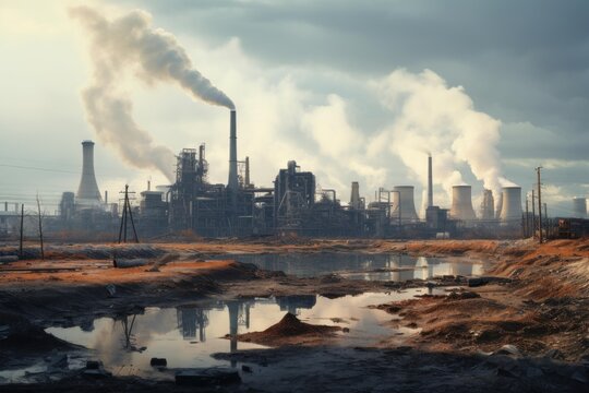 Smoke billowing from industrial chimneys pollutes a desolate landscape, highlighting environmental damage