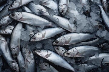 Obraz premium Freshly caught herrings preserved on ice, ready for sale at a fish market, showcasing the abundance of seafood
