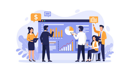 Obraz premium Business Data Analysis Team Collaborating on Corporate Strategy Dashboard Illustration