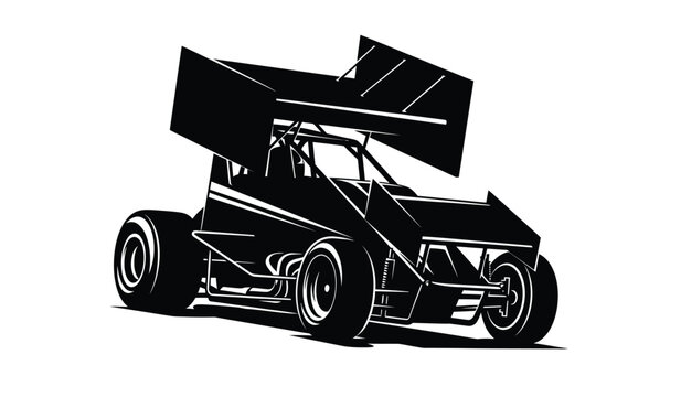A striking black silhouette depicts a sprint racing car with a prominent wing capturing speed and power silhouette high quality professional detailed modern elegant