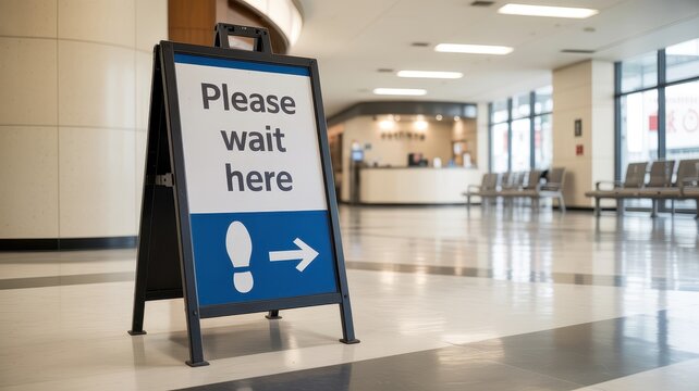 A-frame sign with the words 'Please wait here' and a directional arrow for a queue in a modern building lobby.