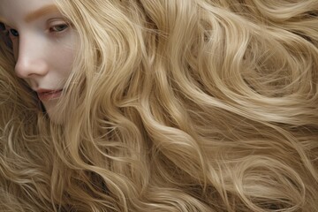 Naklejka premium Studio shot of young blonde woman with long, wavy hair covering part of her face