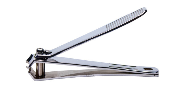 Shiny metal nail clippers with textured grip, isolated on transparent background