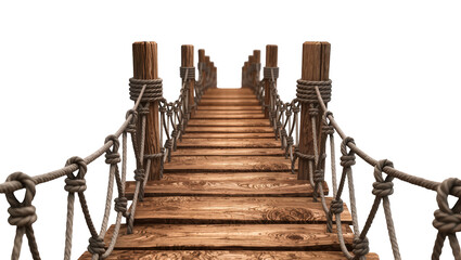 Obraz premium Rustic wooden rope bridge with weathered planks and posts, isolated on transparent background