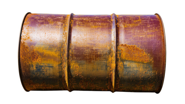 Rusty metal barrel with textured surface, isolated on transparent background