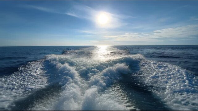 Boat wake creating foamy waves in the ocean under a bright sun sea
