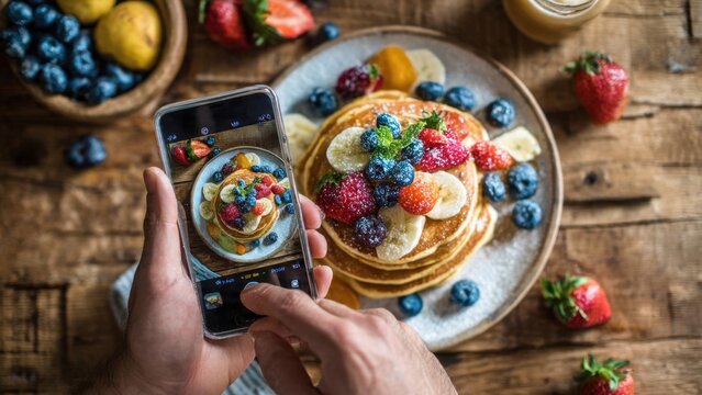 Person Taking Photo of Fresh Pancakes with Berries