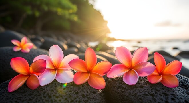 Beautiful plumeria flowers on black volcanic rocks at sunset on a tropical beach in hawaii