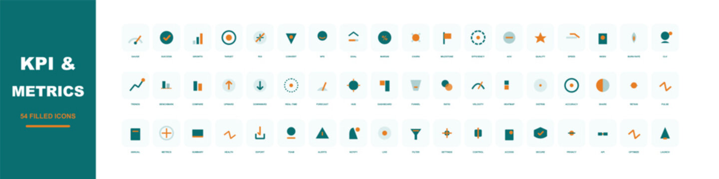 KPI and metrics icon set, 54 flat line business icons for data analysis, professional financial performance indicators and marketing statistics symbols