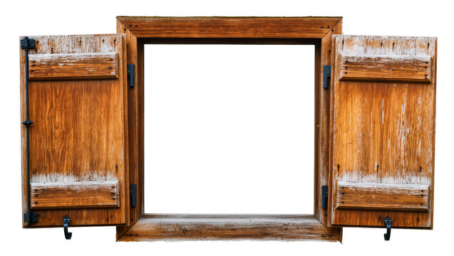 Rustic wooden window with open shutters, isolated on transparent background