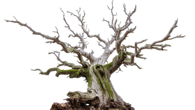 Gnarled ancient dead tree with mossy trunk, isolated on transparent background