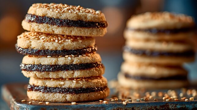 Stack of tahini date biscuits with sesame seeds on a rustic surface