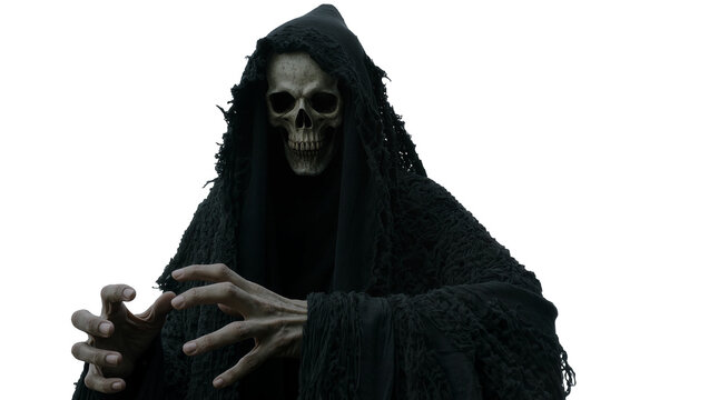 Grim reaper with skeletal face and dark hooded robe, isolated on transparent background
