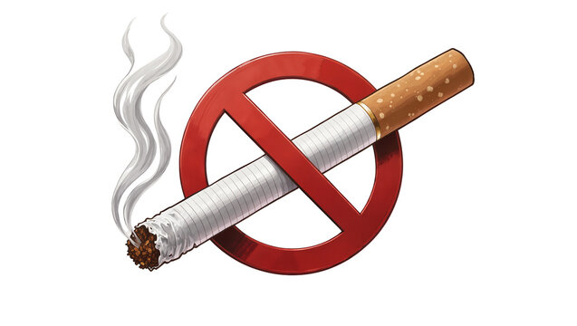 Burning cigarette with smoke crossed by red prohibition sign, isolated on transparent background
