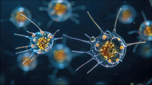 Microscopic view of microorganisms with spikes and orange centers