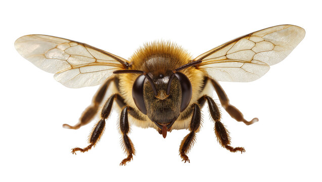 Detailed macro view of a fuzzy honey bee with translucent wings, isolated on transparent background