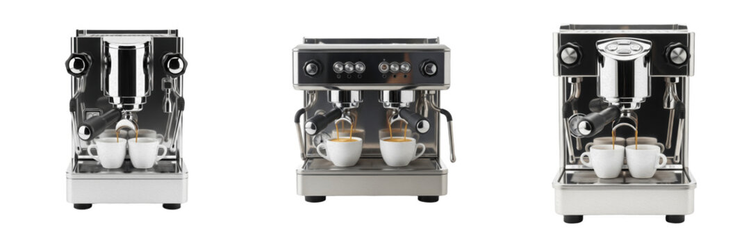 Set of Professional Black Espresso Coffee Machine Isolated on White Background, PNG