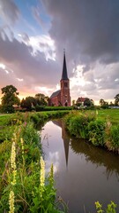 Obraz premium Rural Brick Church With Tall Spire And Reflection.