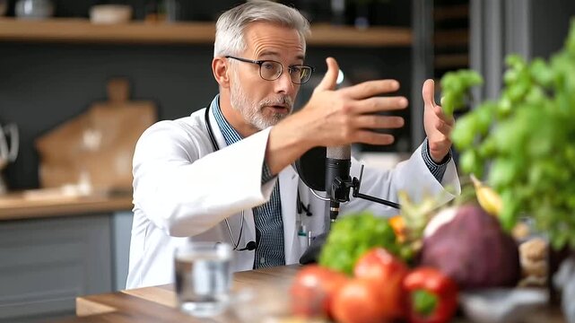 Faceless doctor recording podcast episode, defocused studio background, health and wellness discussion, medical advancements, patient care improvement, healthcare communication,