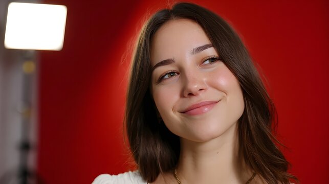 A radiant young woman smiling and gazing thoughtfully in a professional studio setting against a vibrant red backdrop