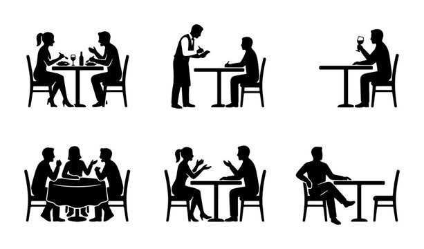 Restaurant dining silhouettes set, people eating at cafe tables vector icons, waiter serving customers and couples on dates in black and white