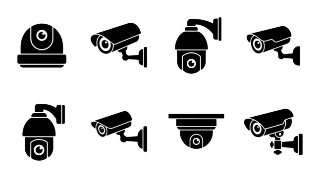 Security camera icon set, black CCTV surveillance vector symbols, 8 professional monitoring system elements for safety and protection