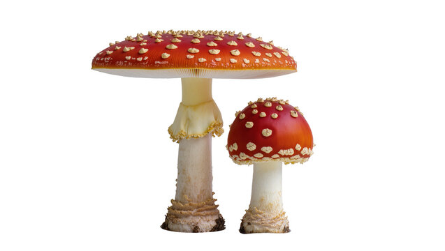 Two red and white spotted Amanita muscaria mushrooms, isolated on transparent background