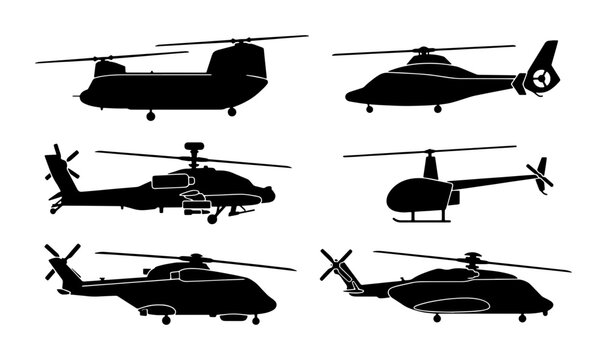 Military and civilian helicopter silhouette set, 6 black vector aircraft icons, transport and attack chopper collection for aviation design