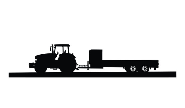 A stark black silhouette depicts a modern tractor pulling a flatbed trailer against a white background emphasizing agricultural machinery silhouette high quality professional detailed