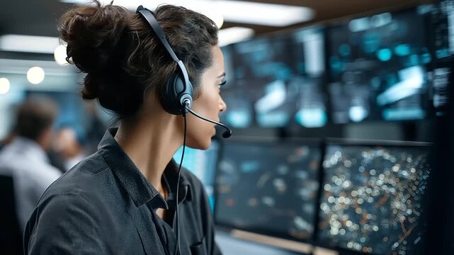 Faceless government surveillance officer with headset interacting with real-time monitoring systems, defocused rows of monitors displaying maps and signals, tactical data, with