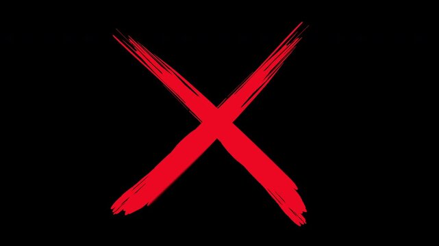 Hand-drawn red x mark animation on black background, grunge brush stroke cross symbol