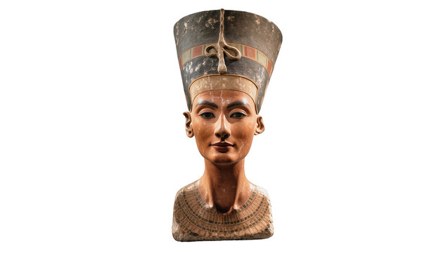 Ancient Egyptian Nefertiti bust with detailed headdress, isolated on transparent background