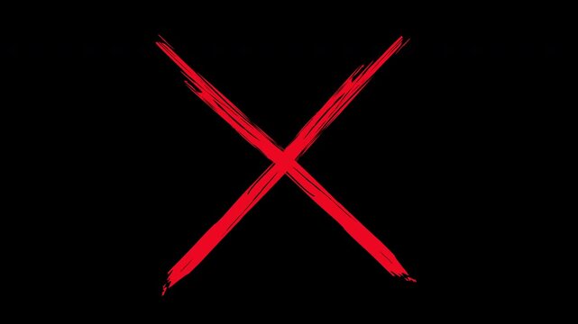 Hand-drawn red x mark animation, grunge brush stroke cross symbol on black background