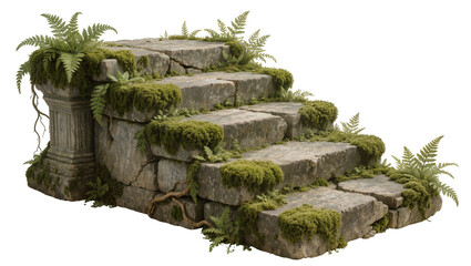 Naklejka premium Ancient moss-covered stone stairs with ferns, isolated on transparent background
