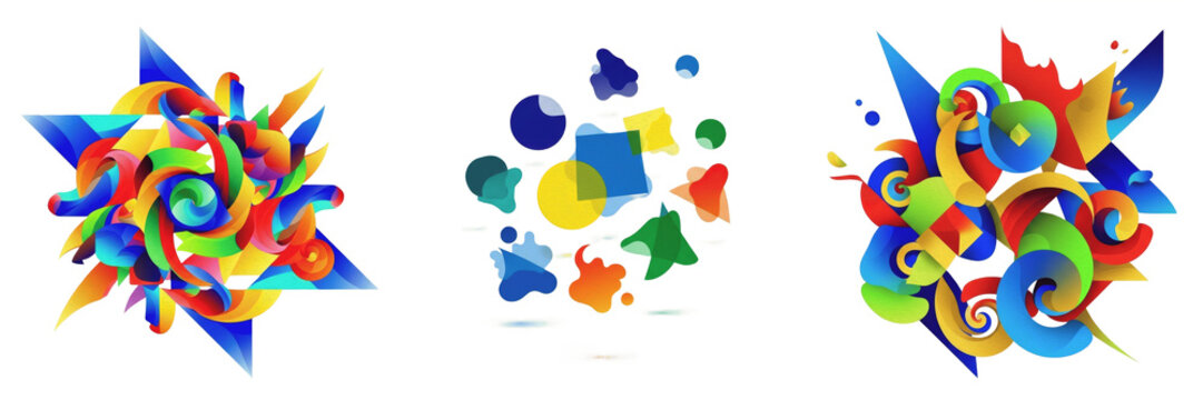 Abstract Colorful Geometric Shape Set with 3D Swirls and Fluid Elements, Creative Multi Color Dynamic Composition for Modern Graphic Design, Realistic 3D Render Isolated on White Background