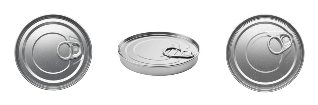 Silver Metal Tin Can Top PNG Set Isolated on White Background for Food Packaging Mockup, Beverage Branding, Industrial Container, Realistic Metal Texture Graphic Design Assets.