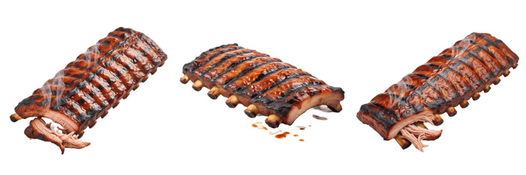 Grilled BBQ Pork Ribs with Smoked Sauce Isolated on White Background for Restaurant Menu, Summer Cookout, Savory Meat Dish, and Realistic Food Texture Graphic Design Assets.