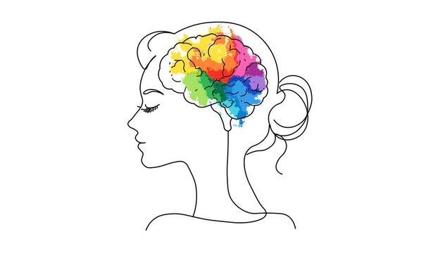 Creative Female Brain with Colorful Mind Minimal Outline, Thinking and Imagination Concept.  Line Art  Of A Woman Profile  Vibrant Colorful Brain.  Creativity, Intelligence, And Cognitive Diversity. 