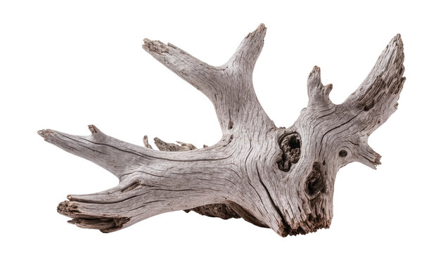 Gnarly weathered driftwood branch with intricate grain patterns, isolated on transparent background