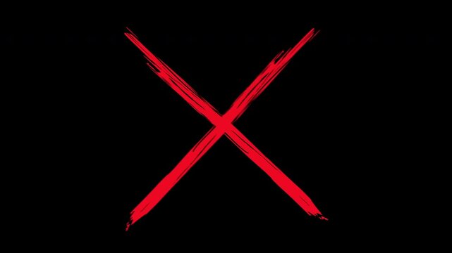 Hand-drawn red x mark animation, grunge brush stroke cross symbol on black background
