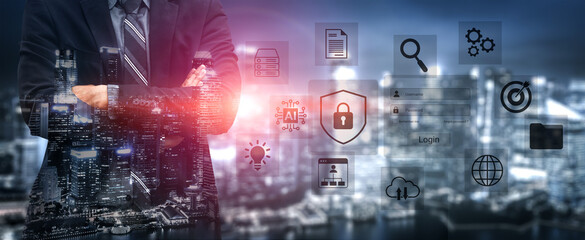 A businessman in a formal suit stands against a futuristic city skyline, surrounded by digital icons representing technology, security, and management in a modern business environment. Gantry © InfiniteFlow
