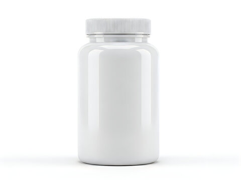 Transparent plastic bottle with white cap on gray background