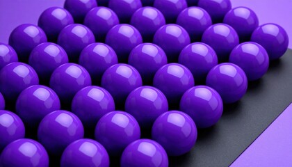 A collection of perfectly spherical deep violet marbles arranged in a precise geometric grid pattern against a dark background.