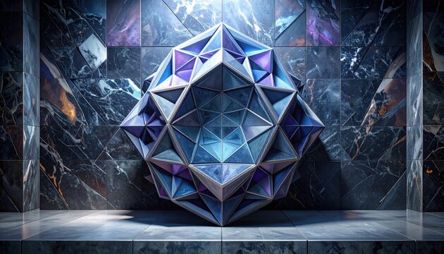 Intricate geometric polyhedral structure reflecting complex quantum states in a vibrant and polished crystalline artistic environment with deep blue and purple hues throughout the composition.