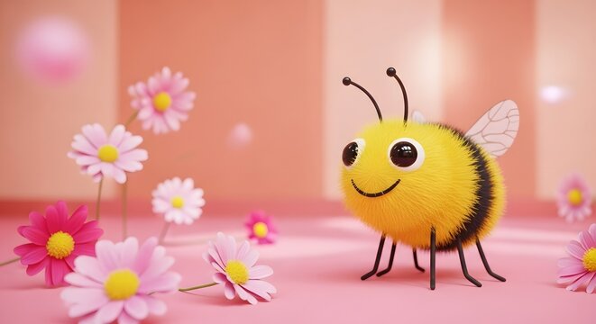 Cute 3d cartoon bee character standing next to pink daisies on a soft pink background