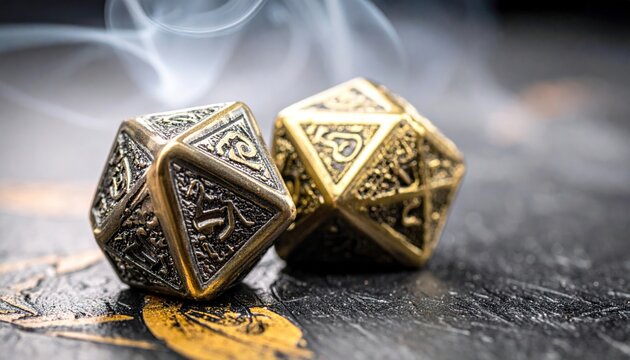 Two intricately engraved gold metal polyhedral dice resting on a dark stone surface amidst swirling mysterious smoke, creating a cinematic atmosphere for tabletop gaming enthusiasts.