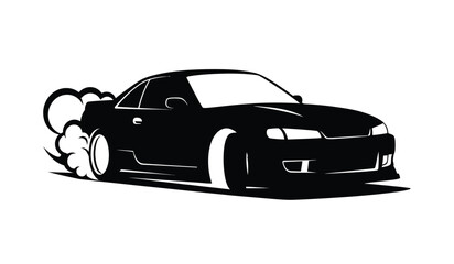 A sleek black sports car is depicted in a dynamic drifting pose leaving tire smoke trails a striking silhouette high quality professional detailed modern © rsvect02