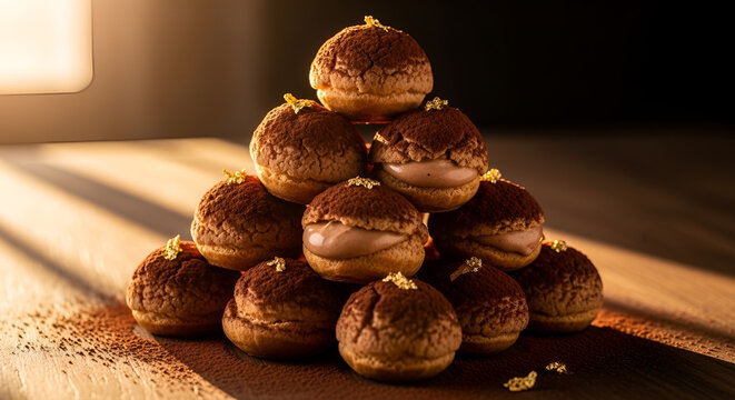 Gourmet chocolate choux pastry pyramid topped with edible gold leaf, elegant profiteroles filled with chocolate cream on cocoa dusted surface, luxury dessert, artisanal bakery.
