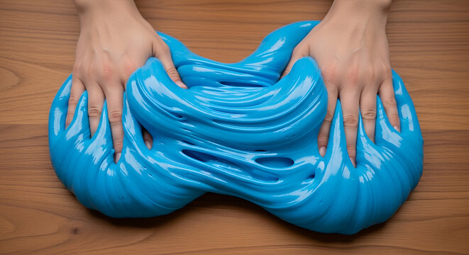 Blue candy dough stretched by hands on wooden table, glossy sugar paste texture, vibrant taffy kneading, edible slime concept, sensory food play, sweet fondant manipulation.